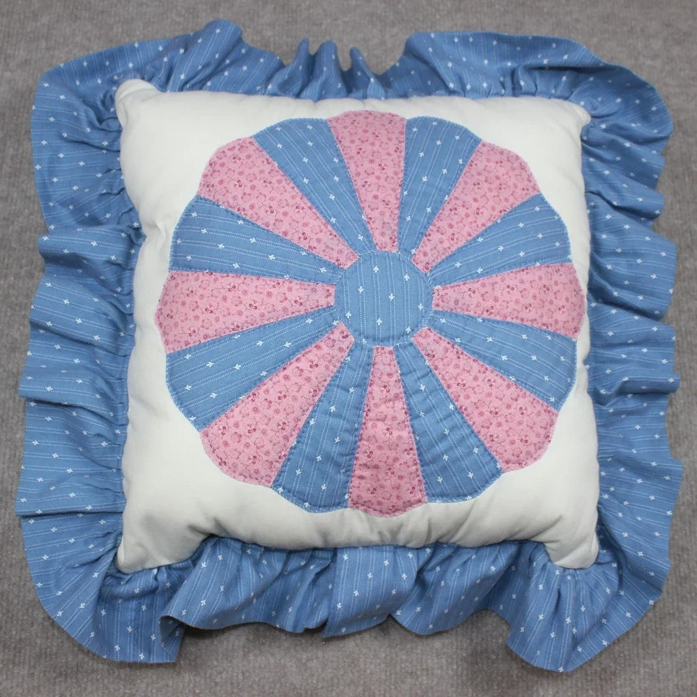 Handmade Quilted Dresden Plate Ruffle Throw Pillow Blue Pink Floral Country 14